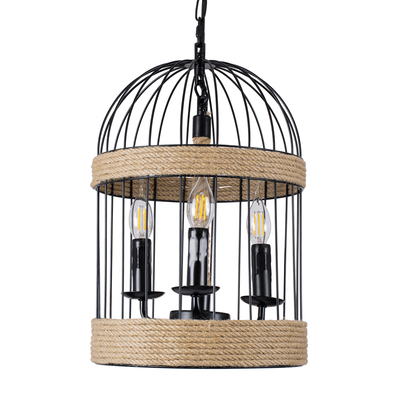 GloboStar® MERLIN 00865 Vintage Κρεμαστό Φωτιστικό Πλέγμα Τρίφωτο 3 x E14 IP20 Μαύρο Μέταλλο με Μπεζ Σχοινί - Μ28 x Π28 x Υ40cm