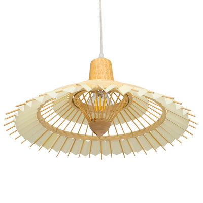 GloboStar® VENTALIA 00897 Boho Κρεμαστό Φωτιστικό Πλέγμα Μονόφωτο 1 x E27 IP20 Μπεζ Ξύλο - Μ40 x Π40 x Y22cm