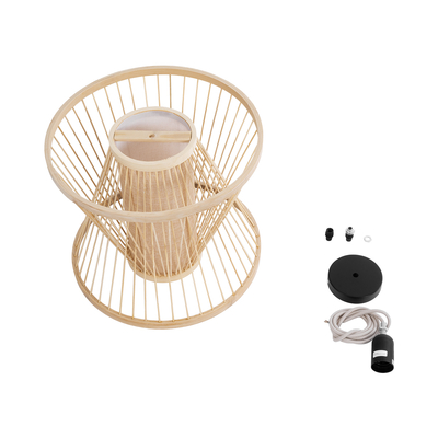 GloboStar® HIBISCUS 01632 Boho Κρεμαστό Φωτιστικό Καπέλο Μονόφωτο 1 x E27 IP20 Μπεζ Ξύλο - Μ35 x Π35 x Y30cm