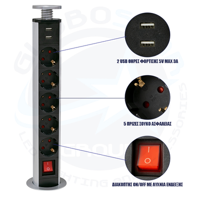 GloboStar® 79632 Χωνευτό Πτυσσόμενο Πολύμπριζο με 5 Πρίζες Ασφαλείας EU Σούκο AC 230V Max 5000W & 2 Εξόδους USB DC 5V Max 3A 18W & Ενσωματωμένο Διακόπτη Οn/Off