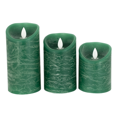 GloboStar® 79560 ΣΕΤ 3 Διακοσμητικών Realistic Κεριών Παραφίνης με LED Εφέ Κινούμενης Φλόγας - Μπαταρίας & Ασύρματο Χειριστήριο IR Πράσινα με Ασημένιες Ρίγες Θερμό Λευκό 3000K Dimmable