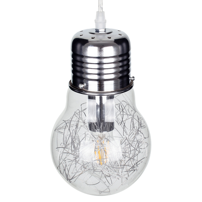 GloboStar® LAMP 01676 Μοντέρνο Κρεμαστό Φωτιστικό Φιγούρα Μονόφωτο 1 x E27 IP20 Ασημί Μέταλλο με Διάφανο Γυαλί - Μ15 x Π15 x Υ27cm