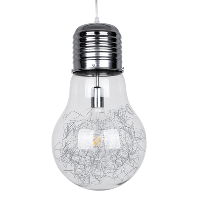 GloboStar® LAMP 01677 Μοντέρνο Κρεμαστό Φωτιστικό Φιγούρα Μονόφωτο 1 x E27 IP20 Ασημί Μέταλλο με Διάφανο Γυαλί - Μ30 x Π30 x Υ52cm