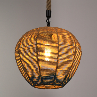 GloboStar® SIMON 00726 Boho Κρεμαστό Φωτιστικό Πλέγμα Μονόφωτο 1 x E27 IP20 Μπεζ & Μπλε Σχοινί - Μ30 x Π30 x Υ30cm