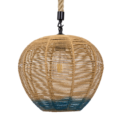 GloboStar® SIMON 00726 Boho Κρεμαστό Φωτιστικό Πλέγμα Μονόφωτο 1 x E27 IP20 Μπεζ & Μπλε Σχοινί - Μ30 x Π30 x Υ30cm