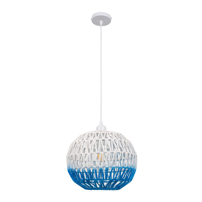 GloboStar® SANTOR 00728 Boho Κρεμαστό Φωτιστικό Πλέγμα Μονόφωτο 1 x E27 IP20 Λευκό & Μπλε Σχοινί - Μ30 x Π30 x Υ30cm