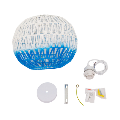 GloboStar® SANTOR 00728 Boho Κρεμαστό Φωτιστικό Πλέγμα Μονόφωτο 1 x E27 IP20 Λευκό & Μπλε Σχοινί - Μ30 x Π30 x Υ30cm