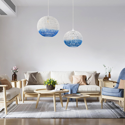 GloboStar® SANTOR 00728 Boho Κρεμαστό Φωτιστικό Πλέγμα Μονόφωτο 1 x E27 IP20 Λευκό & Μπλε Σχοινί - Μ30 x Π30 x Υ30cm