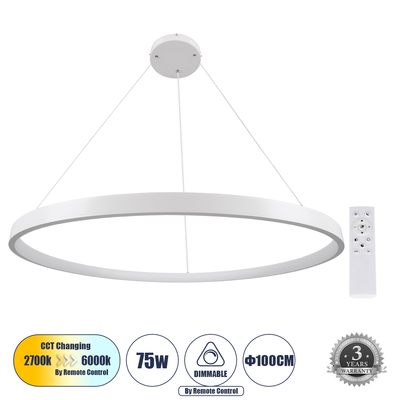 GloboStar® NEMESIS 61165 Κρεμαστό Φωτιστικό Δαχτυλίδι-Κύκλος LED CCT 75W 8743lm 360° AC 220-240V - Εναλλαγή Φωτισμού μέσω Τηλεχειριστηρίου All In One Ψυχρό 6000k+Φυσικό 4500k+Θερμό 2700k Dimmable Φ100cm - Λευκό - 3 Years Warranty
