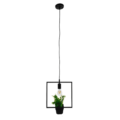 GloboStar® FLOWERPOT 10001211 Μοντέρνο Κρεμαστό Φωτιστικό Ανάρτηση Μονόφωτο 1 x E27 IP20 Μαύρο Μέταλλο με Πράσινο Πλαστικό - Μ30 x Π30 x Υ30cm