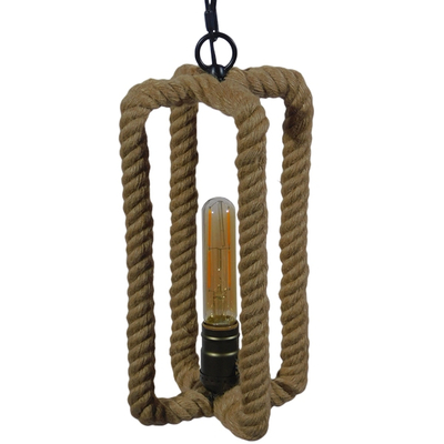GloboStar® ELDORA 10001014 Vintage Κρεμαστό Φωτιστικό Ανάρτηση Μονόφωτο 1 x E27 IP20 Μαύρο Μέταλλο με Μπεζ Σχοινί - Μ13 x Π13 x Υ30cm