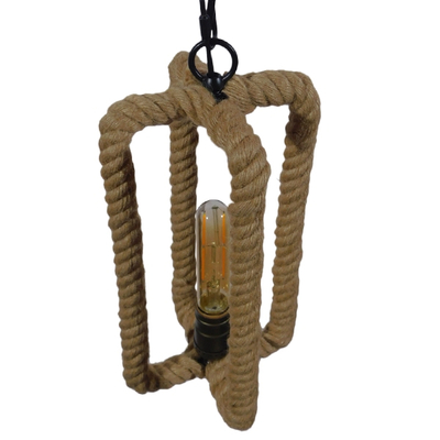 GloboStar® ELDORA 10001014 Vintage Κρεμαστό Φωτιστικό Ανάρτηση Μονόφωτο 1 x E27 IP20 Μαύρο Μέταλλο με Μπεζ Σχοινί - Μ13 x Π13 x Υ30cm