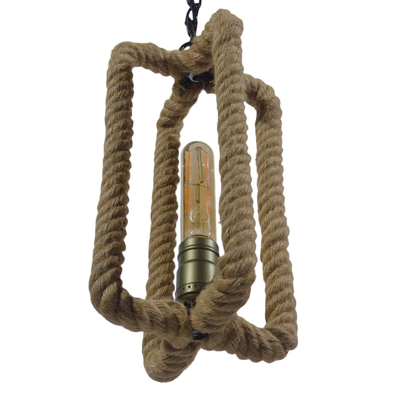 GloboStar® ELDORA 10001014 Vintage Κρεμαστό Φωτιστικό Ανάρτηση Μονόφωτο 1 x E27 IP20 Μαύρο Μέταλλο με Μπεζ Σχοινί - Μ13 x Π13 x Υ30cm