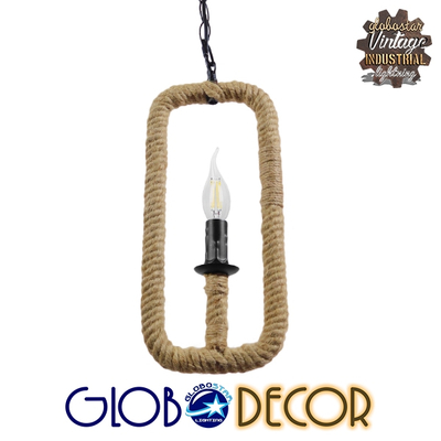 GloboStar® LINDELL 10001110 Vintage Κρεμαστό Φωτιστικό Ανάρτηση Μονόφωτο 1 x E14 IP20 Μαύρο Μέταλλο με Μπεζ Σχοινί - Μ18 x Π18 x Υ33cm