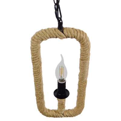 GloboStar® LINDELL 10001110 Vintage Κρεμαστό Φωτιστικό Ανάρτηση Μονόφωτο 1 x E14 IP20 Μαύρο Μέταλλο με Μπεζ Σχοινί - Μ18 x Π18 x Υ33cm