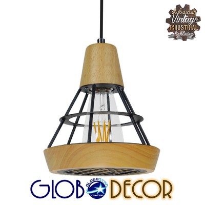 GloboStar® AKRON 10001133 Μοντέρνο Κρεμαστό Φωτιστικό Πλέγμα Μονόφωτο 1 x E27 IP20 Μπεζ Ξύλο με Μαύρο Μέταλλο - Μ19 x Π19 x Υ22cm