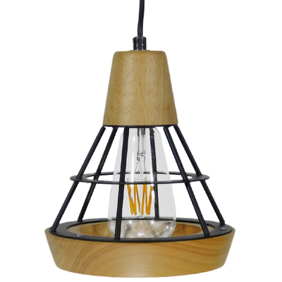 GloboStar® AKRON 10001133 Μοντέρνο Κρεμαστό Φωτιστικό Πλέγμα Μονόφωτο 1 x E27 IP20 Μπεζ Ξύλο με Μαύρο Μέταλλο - Μ19 x Π19 x Υ22cm