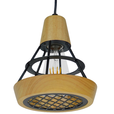 GloboStar® AKRON 10001133 Μοντέρνο Κρεμαστό Φωτιστικό Πλέγμα Μονόφωτο 1 x E27 IP20 Μπεζ Ξύλο με Μαύρο Μέταλλο - Μ19 x Π19 x Υ22cm