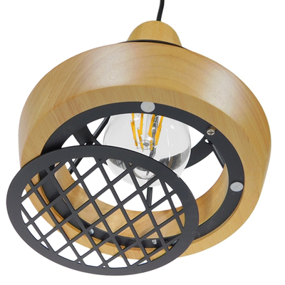 GloboStar® AKRON 10001133 Μοντέρνο Κρεμαστό Φωτιστικό Πλέγμα Μονόφωτο 1 x E27 IP20 Μπεζ Ξύλο με Μαύρο Μέταλλο - Μ19 x Π19 x Υ22cm