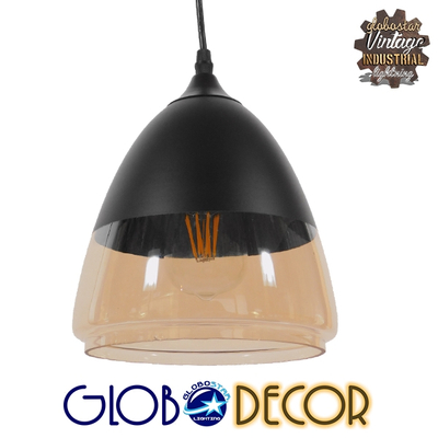 GloboStar® OLIVER 10001231 Vintage Κρεμαστό Φωτιστικό Καμπάνα Μονόφωτο 1 x E27 Μαύρο Μέταλλο με Μελί Γυαλί - Μ20 x Π20 x Υ21cm