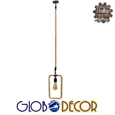 GloboStar® MALVERN 10001237 Vintage Κρεμαστό Φωτιστικό Ανάρτηση Μονόφωτο 1 x E27 IP20 Μαύρο Μέταλλο με Μπεζ Σχοινί - Μ33 x Π18 x Υ22cm
