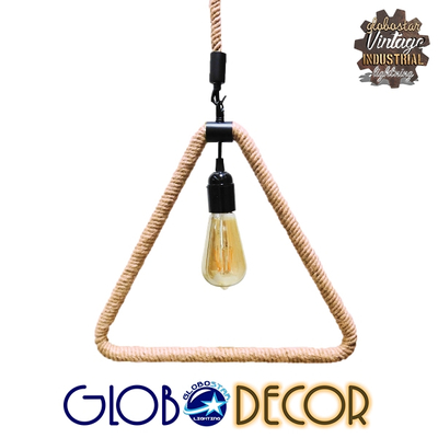 GloboStar® MALVERN 10001238 Vintage Κρεμαστό Φωτιστικό Ανάρτηση Μονόφωτο 1 x E27 IP20 Μαύρο Μέταλλο με Μπεζ Σχοινί - Μ37 x Π22 x Υ34cm
