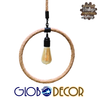 GloboStar® MALVERN 10001239 Vintage Κρεμαστό Φωτιστικό Ανάρτηση Μονόφωτο 1 x E27 IP20 Μαύρο Μέταλλο με Μπεζ Σχοινί - Μ34 x Π22 x Υ34cm