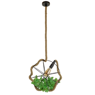 GloboStar® BRADLEY 10001328 Vintage Κρεμαστό Φωτιστικό Πλέγμα Μονόφωτο 1 x E27 IP20 Μπεζ Σχοινί, Πράσινο Πλαστικό με Μαύρο Μέταλλο - Μ33 x Π33 x Υ33cm