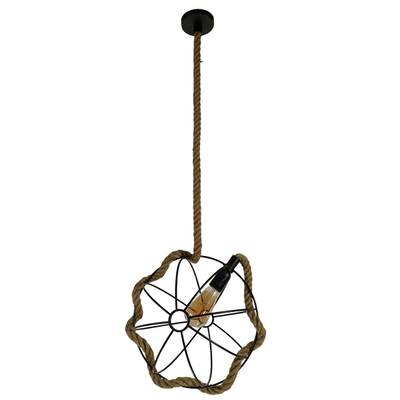 GloboStar® BRADLEY 10001328 Vintage Κρεμαστό Φωτιστικό Πλέγμα Μονόφωτο 1 x E27 IP20 Μπεζ Σχοινί, Πράσινο Πλαστικό με Μαύρο Μέταλλο - Μ33 x Π33 x Υ33cm