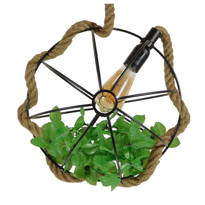 GloboStar® BRADLEY 10001328 Vintage Κρεμαστό Φωτιστικό Πλέγμα Μονόφωτο 1 x E27 IP20 Μπεζ Σχοινί, Πράσινο Πλαστικό με Μαύρο Μέταλλο - Μ33 x Π33 x Υ33cm