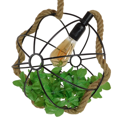 GloboStar® BRADLEY 10001328 Vintage Κρεμαστό Φωτιστικό Πλέγμα Μονόφωτο 1 x E27 IP20 Μπεζ Σχοινί, Πράσινο Πλαστικό με Μαύρο Μέταλλο - Μ33 x Π33 x Υ33cm