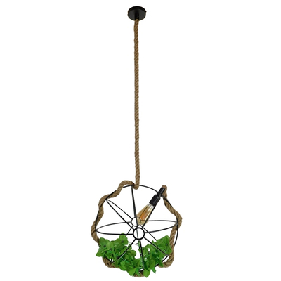 GloboStar® BRADLEY 10001329 Vintage Κρεμαστό Φωτιστικό Πλέγμα Μονόφωτο 1 x E27 IP20 Μπεζ Σχοινί, Πράσινο Πλαστικό με Μαύρο Μέταλλο - Μ42 x Π42 x Υ42cm