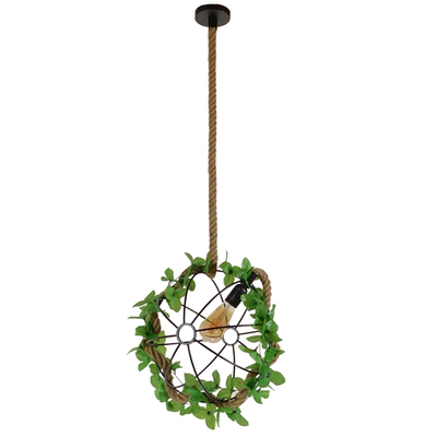 GloboStar® BRADLEY 10001329 Vintage Κρεμαστό Φωτιστικό Πλέγμα Μονόφωτο 1 x E27 IP20 Μπεζ Σχοινί, Πράσινο Πλαστικό με Μαύρο Μέταλλο - Μ42 x Π42 x Υ42cm