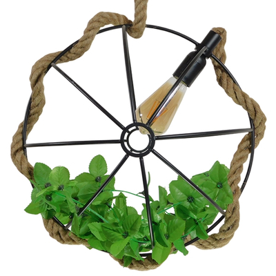 GloboStar® BRADLEY 10001329 Vintage Κρεμαστό Φωτιστικό Πλέγμα Μονόφωτο 1 x E27 IP20 Μπεζ Σχοινί, Πράσινο Πλαστικό με Μαύρο Μέταλλο - Μ42 x Π42 x Υ42cm