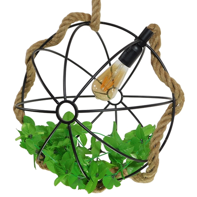 GloboStar® BRADLEY 10001329 Vintage Κρεμαστό Φωτιστικό Πλέγμα Μονόφωτο 1 x E27 IP20 Μπεζ Σχοινί, Πράσινο Πλαστικό με Μαύρο Μέταλλο - Μ42 x Π42 x Υ42cm