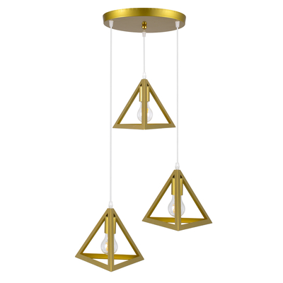 GloboStar® TRIANGLE 00620 Μοντέρνο Κρεμαστό Φωτιστικό Πλέγμα Τρίφωτο 3 x E27 IP20 Χρυσό Μέταλλο - Μ49 x Π49 x Y130cm