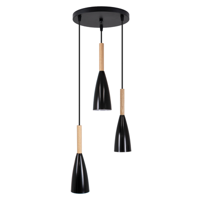 GloboStar® DILLON 00626 Μοντέρνο Κρεμαστό Φωτιστικό Καμπάνα Τρίφωτο 3 x E27 IP20 Μαύρο Μέταλλο με Μπεζ Ξύλο - Μ26 x Π26 x Υ130cm