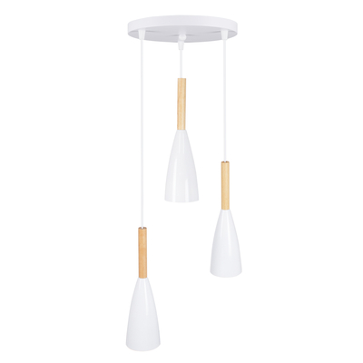 GloboStar® DILLON 00627 Μοντέρνο Κρεμαστό Φωτιστικό Καμπάνα Τρίφωτο 3 x E27 IP20 Λευκό Μέταλλο με Μπεζ Ξύλο - Μ26 x Π26 x Υ130cm