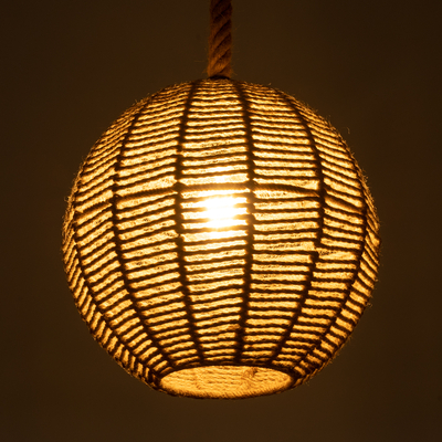 GloboStar® MANDALA 00731 Boho Κρεμαστό Φωτιστικό Πλέγμα Μονόφωτο 1 x E27 IP20 Μπεζ Σχοινί - Μ30 x Π30 x Y30cm