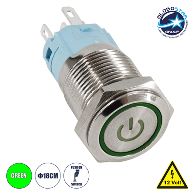 GloboStar® 70787 LED Φωτιζόμενος Διακόπτης Χωνευτός - Μπουτόν PUSH On Ανοξείδωτος DC 12V με Angel Eye Αδιάβροχο Φ18mm IP67 Πράσινο