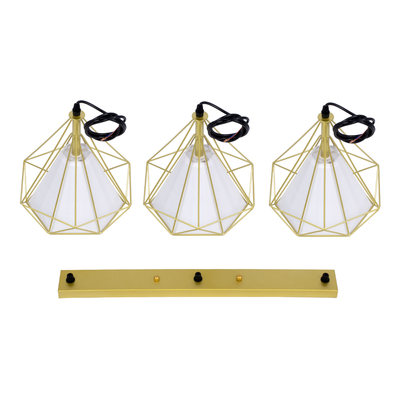 GloboStar® EIFFEL 61571 Vintage Κρεμαστό Φωτιστικό Ράγα Τρίφωτο 3 x E27 IP20 Χρυσό Μέταλλο με Λευκό Ύφασμα - Μ68 x Π25 x Υ130cm