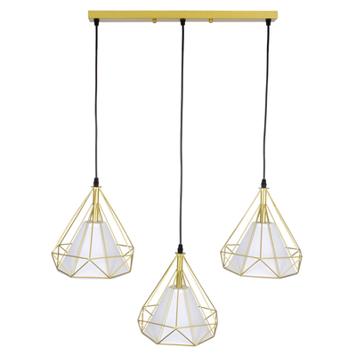 GloboStar® EIFFEL 61571 Vintage Κρεμαστό Φωτιστικό Ράγα Τρίφωτο 3 x E27 IP20 Χρυσό Μέταλλο με Λευκό Ύφασμα - Μ68 x Π25 x Υ130cm