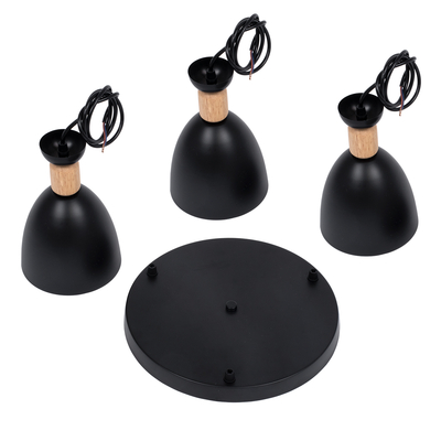 GloboStar® AVA 61572 Μοντέρνο Κρεμαστό Φωτιστικό Καμπάνα Τρίφωτο 3 x E27 IP20 Μαύρο Μέταλλο με Μπεζ Ξύλο - Μ35 x Π35 x Υ130cm
