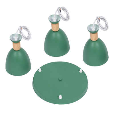 GloboStar® AVA 61575 Μοντέρνο Κρεμαστό Φωτιστικό Καμπάνα Τρίφωτο 3 x E27 IP20 Πράσινο Μέταλλο με Μπεζ Ξύλο - Μ35 x Π35 x Υ130cm