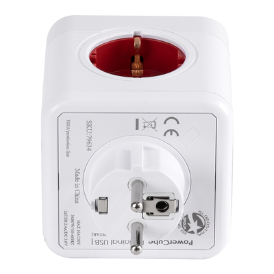 GloboStar® TRAVEL PowerCube PRO Certified 79634 Πολύπριζο 6 Θέσεων με 4 Πρίζες Ασφαλείας Childproof EU Schuko AC 220-240V & 2 Πρίζες USB Max 2.1A/DC 5V Μ7.5 x Π11.5 x Υ7.5 - Λευκό με Κόκκινο - Max Load 3680W/16A