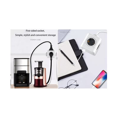 GloboStar® TRAVEL PowerCube PRO Certified 79646 Πολύπριζο 5 Θέσεων με 1.5m Kαλώδιο - 5 Πρίζες Ασφαλείας Childproof EU Schuko AC 220-240V Μ7.5 x Π11.5 x Υ7.5 - Λευκό με Μπλε - Max Load 3680W/16A