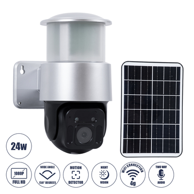 GloboStar® 86046 Αυτόνομος Ηλιακός Προβολέας LED SMD 24W 1200lm Camera 1080P 2MP WiFi 150° Μπαταρία 3200mAh Φωτοβολταϊκό Πάνελ Αισθητήρα Ημέρας-Νύχτας & Ρύθμιση Χρόνου Διπλή Κατέυθυνση Ομιλίας Αδιάβροχος IP66 Ψυχρό Λευκό 6000K - Ασημί