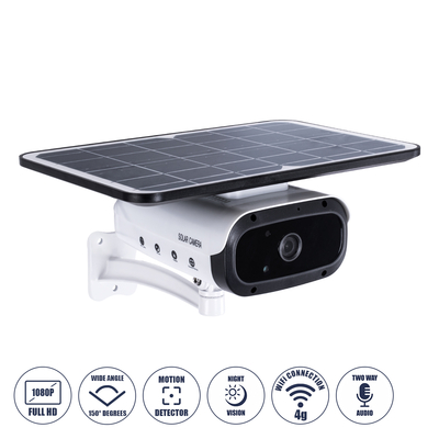 GloboStar® 86048 Αυτόνομη Ηλιακή Camera 1080P 2MP 4G SIM CARD WiFi 150° Μπαταρία 3200mAh Φωτοβολταϊκό Πάνελ Διπλή Κατέυθυνση Ομιλίας Αδιάβροχη IP66 Ψυχρό Λευκό 6000K - Λευκό