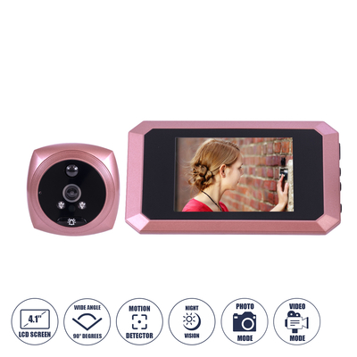 GloboStar® 86064 Επαναφορτιζόμενη Ψηφιακή Έξυπνη Camera Εξώπορτας 90° Μοιρών με Έγχρωμη Οθόνη 4.1 Inches - USB - Νυχτερινή Όραση με LED IR - Κουδούνι - Ροζ