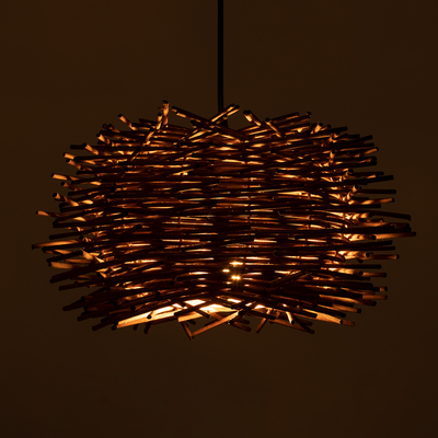 GloboStar® MINORCA 01732 Boho Κρεμαστό Φωτιστικό Ανάρτηση Μονόφωτο 1 x E27 IP20 Καφέ Ξύλο - Μ30 x Π30 x Y18cm